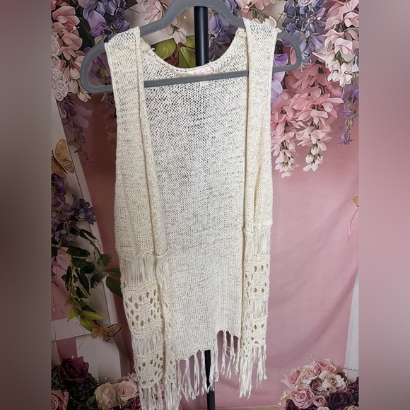 It's Our Time Sweaters - Boho Fringe Open Style Knit Long Vest Cardigan in Beige, Size Large.